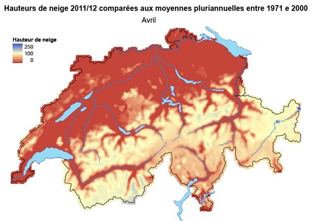 Figure 3: Hauteurs de neige comparées aux moyennes pluriannuelles (1971-2000) en mars 2012 (en haut) et en avril 2012 (en bas).