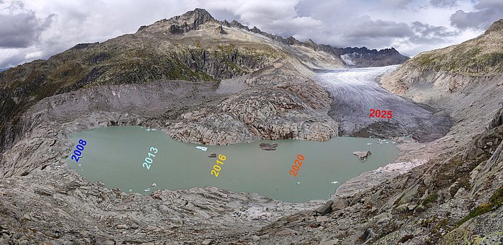 Lake in front of the Rhone Glacier with marked years 2008, 2013, 2016, 2020, and 2025 along the glacier edge.