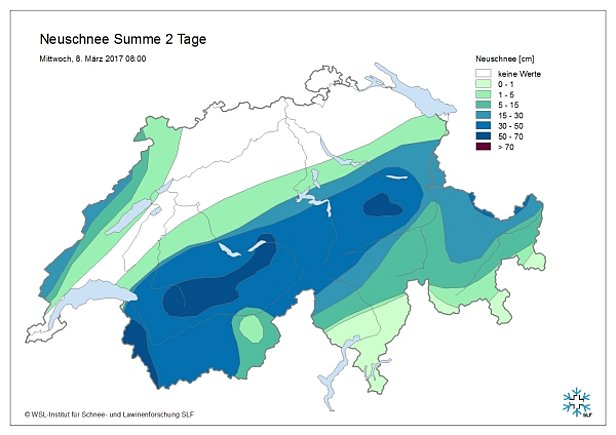 Abb. 5: Am Montag, 06.03. und Dienstag, 07.03. schneite es in weiten Teilen des Wallis und am Alpennordhang 30 bis 50 cm, im westlichsten Unterwallis, in Teilen des nördlichen Wallis und Berner Oberlandes sowie in den Glarner Alpen 50 bis 70 cm. Die höchsten Niederschlagsintensitäten wurden in der Nacht zum Dienstag erreicht (Quelle: Beobachter des SLF und automatische IMIS-Stationen).