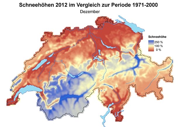 Abb. 1: Schneehöhen im Vergleich zum langjährigen Mittel (1971-2000) im November 2011 (oben) und im Dezember 2011 (unten).