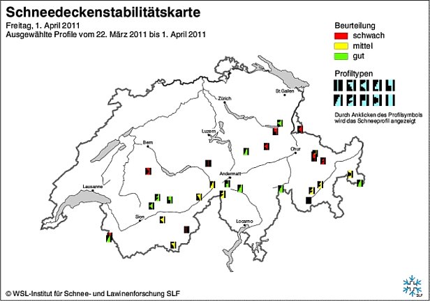 Abb. 19 und Abb. 20: Schneedeckenstabilitätskarten von Mitte März (oben) und Ende März bzw. Anfang April 2011 (unten).