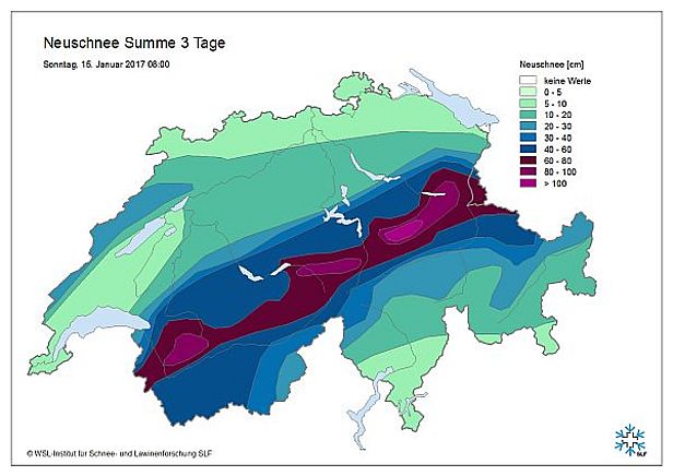 Abb. 2: 3-Tages-Neuschneesummen von Donnerstagmorgen, 12.01. bis Sonntagmorgen, 15.01., gemessen von den Beobachtern und berechnet an den automatischen IMIS-Stationen. Am meisten Schnee fiel nördlich einer Linie Rhone-Rhein mit bis zu 1 m, lokal auch mehr (Grafik gross mit Messwerten).