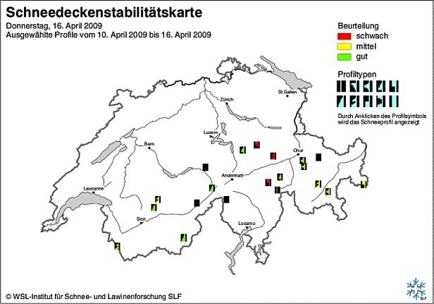 Abb. 20 und Abb. 21: Schneedeckenstabilitätskarten von Anfang (oben) und Mitte (unten) April 2009.