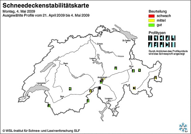 Abb. 22: Schneedeckenstabilitätskarten von Anfang Mai 2009.
