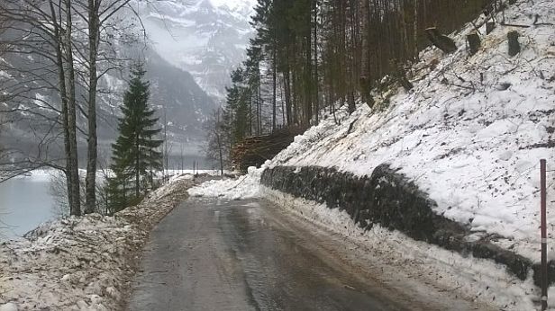 Abb. 28: Anfang Februar regnete es im Norden bis auf 2000 m. Dadurch lösten sich viele nasse Rutsche und Lawinen wie diese im Klöntal (GL), welche die gesperrte Strasse auf 850 m leicht verschüttete (Foto: S. Gygli, 01.02.2017).