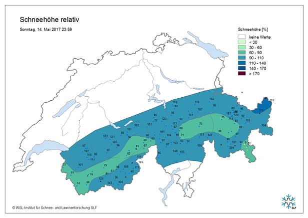 Figure 9: Hauteurs de neige relatives sur plans horizontaux au-dessus de 2000 m, mesurées aux stations automatiques IMIS et par les observateurs du SLF. Les hauteurs de neige atteignaient sur de grandes étendues les valeurs habituelles en cette saison.