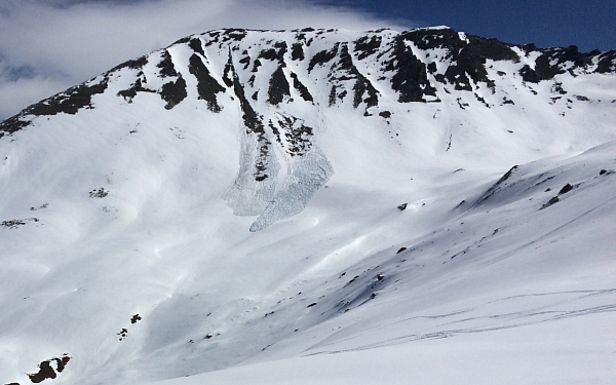 Abb. 5: Zwei der wenigen Nassschneelawinen dieser Berichtsperiode, abgegangen an einem extrem steilen Südwesthang auf rund 2800 m im Val Fenga (Scuol, GR). Bei der linken Lawine handelt es sich um eine Lockerschneelawine, bei der rechten Lawine um eine Schneebrettlawine. Gut möglich, dass die abgehende Lockerschneelawine die Schneebrettlawine ausgelöst hat (Foto: R. Meister, 07.04.2017).