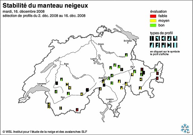 Figures 12 et 13: Cartes de stabilité du manteau neigeux de début décembre (en haut) et de la mi-décembre 2009 (en bas).