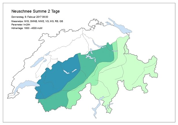 Abb. 7: 2-Tages-Neuschneesumme von Dienstagmorgen, 07.02. bis Donnerstagmorgen, 09.02., gemessen von den Beobachtern und berechnet an den automatischen IMIS-Stationen.