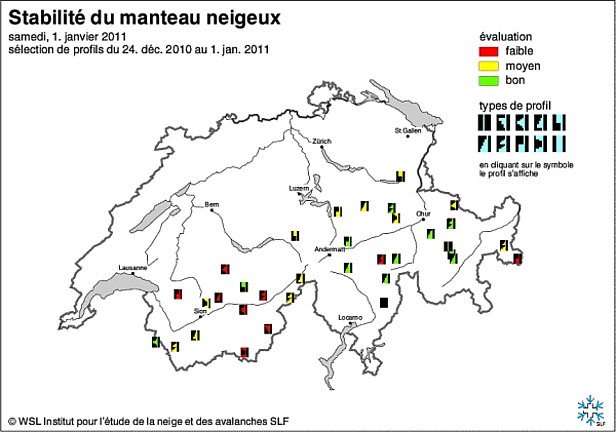 Figures 13 et 14: Cartes de stabilité du manteau neigeux de la mi-décembre (en haut) et de fin décembre 2010 au début janvier 2011 (en bas).