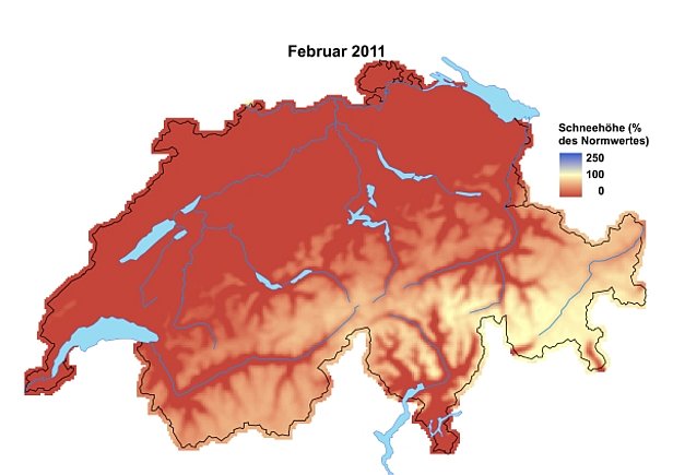 Abb. 3 und Abb. 4: Schneehöhen im Vergleich zum langjährigen Mittel im Januar 2011 (oben) und im Februar 2011 (unten).
