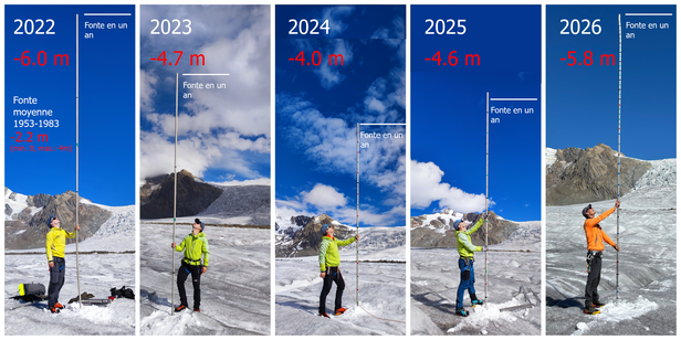 Cinq personnes alignées côte à côte sur le glacier mesurent à l'aide de tiges la fonte annuelle de la glace de 2022 à 2026 sur la Konkordiaplatz du grand glacier d'Aletsch, avec pour chacune d'elles des repères de fonte et des valeurs de référence de 1953 à 1983.