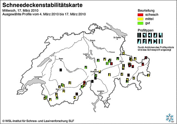 Abb. 16 und Abb. 17: Schneedeckenstabilitätskarten von Anfang (oben) und Mitte (unten) März 2010.