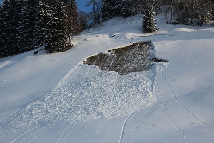 Gleitschneerutsch in einem steilen Grashang über Fürboden (1100 m, Exposition Nordwest, Oberiberg, SZ; Foto: D. Gerstgrasser, 18.01.2017).