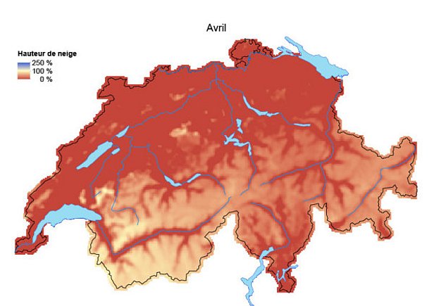 Figure 10: Hauteurs de neige comparées aux moyennes pluriannuelles (1971-2000) en mars 2016 (en haut) et en avril 2016 (en bas).