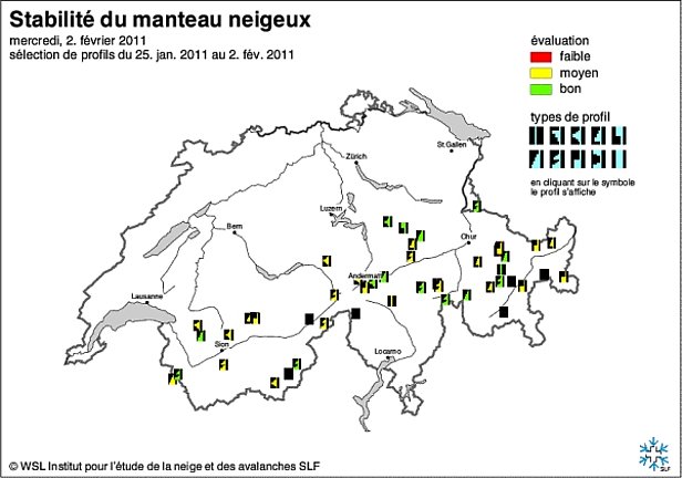 Figures 15 et 16: Cartes de stabilité du manteau neigeux de la mi-janvier (en haut) et de fin janvier au début février 2011 (en bas).