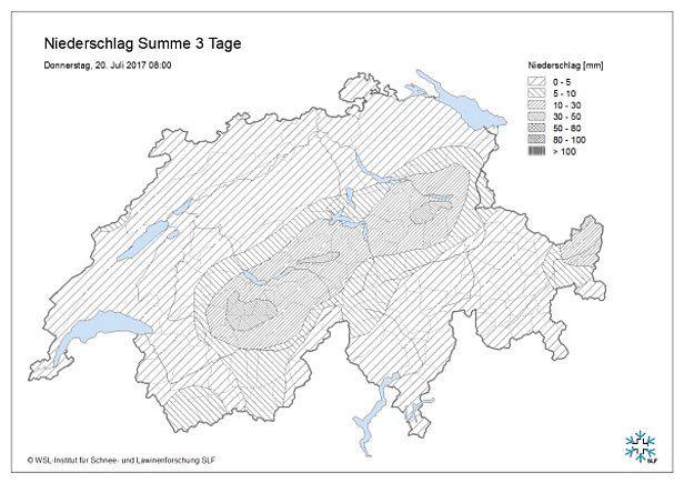 Abb. 5: Niederschlagssumme vom Montag-, 17.07. bis Donnerstagmorgen, 20.07. gemessen an den automatischen Stationen von MeteoSchweiz und SLF. Nur in den höchsten Lagen des Hochgebirges fiel etwas Schnee.
