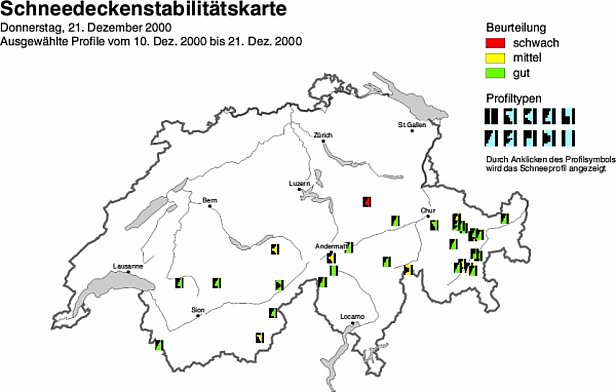 Abb. 15 und Abb. 16: Schneedeckenstabilitätskarten von Anfang (oben) und Mitte (unten) Dezember 2000.