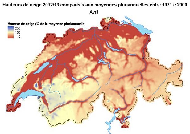 Figure 3: Hauteurs de neige comparées aux moyennes pluriannuelles (1971-2000) en mars 2013 (en haut) et en avril 2013 (en bas).