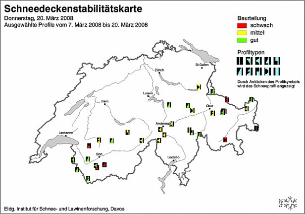 Abb. 19 und Abb. 20: Schneedeckenstabilitätskarten von Anfang (oben) und Mitte (unten) März  2008.
