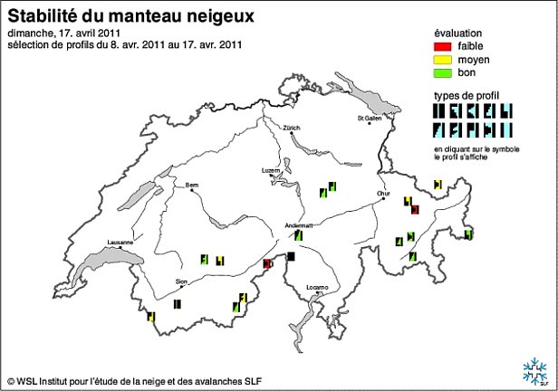 Figure 21: Carte de stabilité du manteau neigeux de la mi-avril 2011.