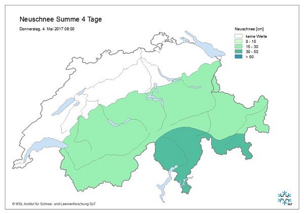 Abb. 5: 4-Tagesneuschneesumme von Sonntagabend, 30.04. bis Donnerstagmorgen, 04.05. (Quelle: Beobachter des SLF und automatische IMIS-Stationen).