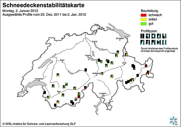 Abb. 11: Schneedeckenstabilitätskarten von Mitte Dezember (oben) und Ende Dezember 2011 bzw. Anfang Januar 2012 (unten).