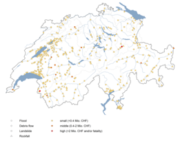 Map of Switzerland showing 2023 damage events with symbols for flood, debris flow, landslide, and rockfall, color-coded by damage severity.