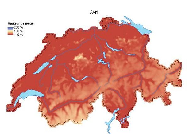 Fig. 10: Hauteurs de neige en comparaison avec la normale (1971-2000) en mars 2017 (en haut) et en avril 2017 (en bas).