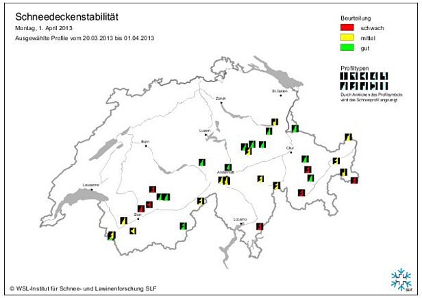 Abb. 14: Schneedeckenstabilitätskarten von Mitte März (oben) und Ende März bzw. Anfang April 2013 (unten).