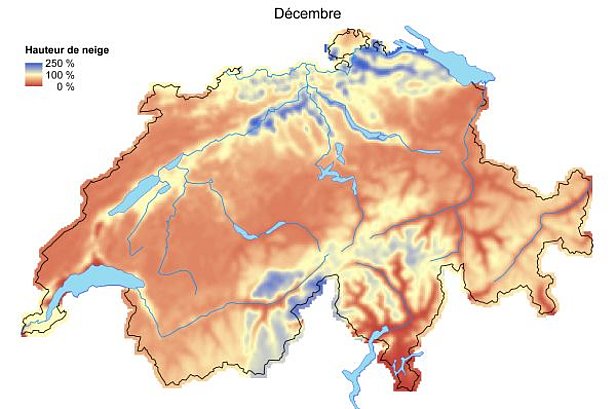 Figure 2: Hauteurs de neige comparées aux moyennes pluriannuelles (1971-2000) en novembre 2014 (en haut) et en décembre 2014 (en bas).