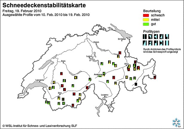 Abb. 14 und Abb. 15: Schneedeckenstabilitätskarten von Anfang (oben) und Mitte (unten) Februar