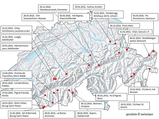 Figure 2: Accidents d'avalanche au cours de l'hiver 2014/15 (situation au 15 avril 2015).
