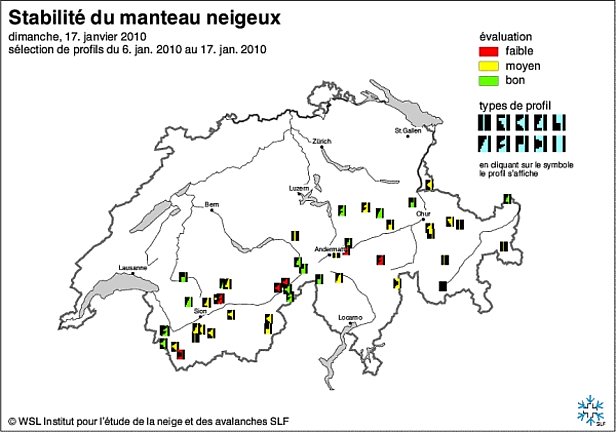 Figures 12 et 13: Cartes de stabilité du manteau neigeux de début janvier (en haut) et de la mi-janvier 2010 (en bas).