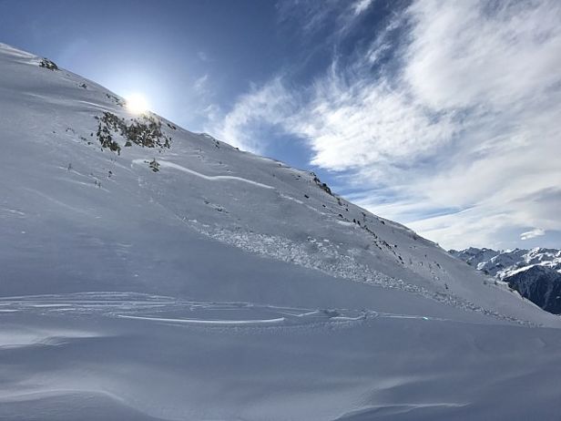 Abb. 5: Durch Skifahrer an einem Nordosthang fernausgelöste Lawine (2360 m) am Mont Gautier, Nax, VS (Foto: P. Gaspoz, 22.01.2017).