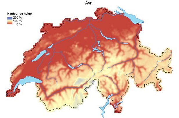 Figure 5: Hauteurs de neige comparées aux moyennes pluriannuelles (1971-2000) en mars 2015 (en haut) et en avril 2015 (en bas).