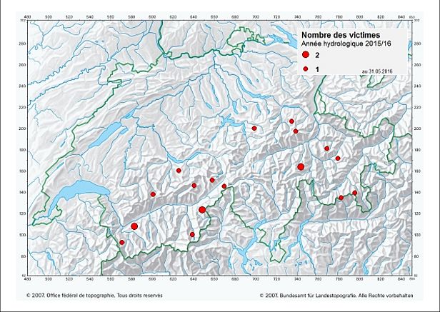 Figure 32: Accidents d’avalanche au cours de l’hiver 2015/2016, situation au 31 mai 2016 (carte: copyright 2007, Office fédéral de topographie, tous droits réservés).