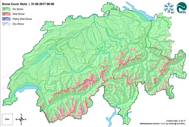 Abb. 7: Schneebedeckung und Schneedeckenzustand Ende Mai 2017. Vor allem im Hochgebirge und an Nordhängen lag oberhalb von 2200 bis 2500 m noch Schnee (grüne Flächen sind schneefrei). Der Schnee war verbreitet durchnässt (rote Flächen). Nur im Hochgebirge waren tiefere Schichten der Schneedecke teilweise noch trocken (blaue Flächen). Quelle: SLF/Operationeller schneehydrologischer Dienst (Grafik gross).