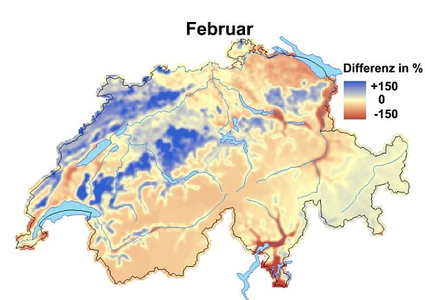 Abb. 3 und Abb. 4: Schneehöhen im Vergleich zum langjährigen Mittel im Januar (oben) und im Februar 2010 (unten).