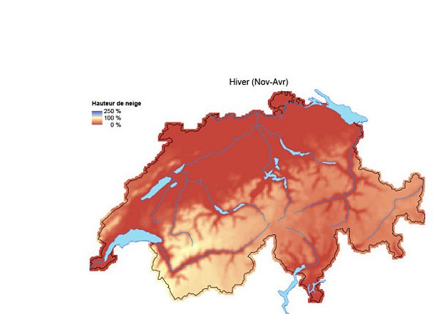 Figure 5: Hauteurs de neige sur toute la période hivernale (de novembre à avril) comparées aux moyennes pluriannuelles (1971-2000). (Agrandir le graphique)