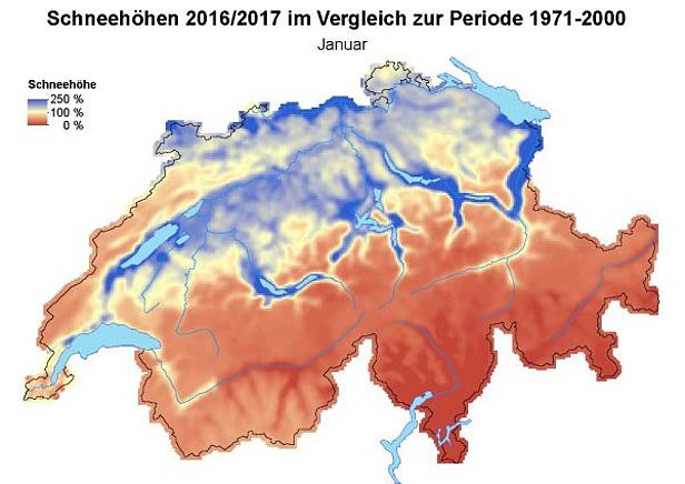 Abb. 8: Schneehöhen Ende Januar 2017 im Vergleich zur Periode von 1971-2000. Berücksichtigt wurden automatische und bemannte Stationen von SLF und MeteoSchweiz.