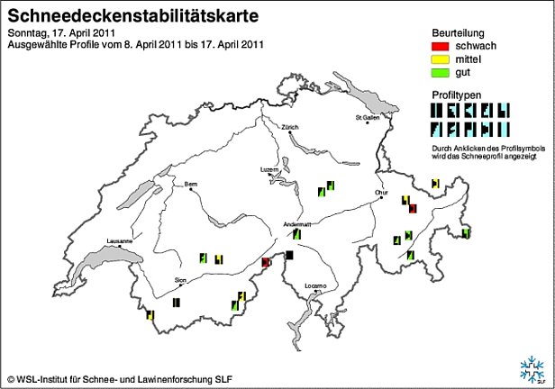 Abb. 21: Schneedeckenstabilitätskarte von Mitte April 2011.