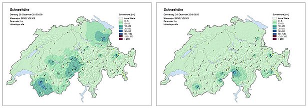 Abb. 8: Schneehöhen an den manuellen Stationen am 29. Dezember 2015 und 2016 im Vergleich. Die meisten dieser langjährigen Stationen liegen unterhalb von 2000 m. Ein analoger Vergleich mit Ende Dezember 1989 wurde letztes Jahr an dieser Stelle gezeigt. 