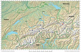 Abb. 1: Geografische Verteilung der 11 Schneestationen mit langjährigen SWE-Messungen. Die Stationen sind dabei nach Priorität zu deren Erhaltung gekennzeichnet (1=gelb, 2=violett, 3=blau).