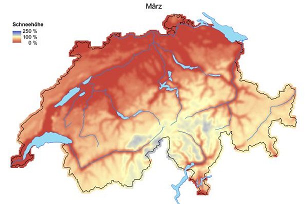 Abb. 5: Schneehöhen im Vergleich zum langjährigen Mittel (1971-2000) im März 2015 (oben) und im April 2015 (unten).