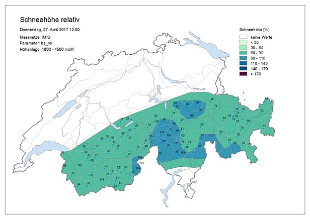 Abb. 7: Schneehöhe im Vergleich zum Mittelwert seit Messbeginn an den automatischen IMIS-Stationen oberhalb von 1800 m. An der Mehrheit der Stationen lagen am 27.04.2017 60 bis 90 % der durchschnittlichen Schneehöhe. Gebietsweise am zentralen Alpennordhang, in den Glarner Alpen, im Simplongebiet, im nordwestlichen Tessin und am Alpenhauptkamm von San Bernardino Pass bis zum Malojapass entsprechen die Schneehöhen dem Durchschnitt der letzten 15 bis 20 Jahre (90 bis 110 %). Bild gross.