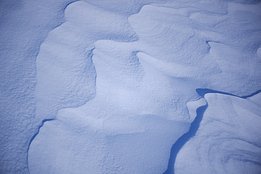 Nahaufnahme von unberührtem, blau schattiertem Schnee mit weichen, organischen Formen und Texturen