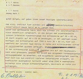 Ein Lawinenbulletin vom 4. Januar 1957, übermittelt an die Depeschenagentur in Bern.