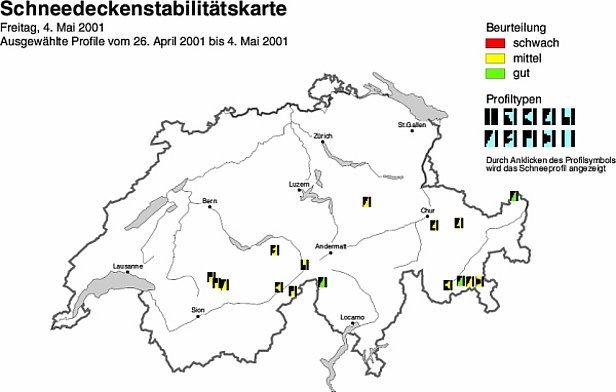 Abb. 33: Schneedeckenstabilitätskarten von Anfang Mai 2001.