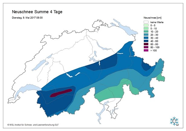 Figure 2: Sommes de neige fraîche de 4 jours du vendredi matin 5 mai au mardi matin 9 mai. Les quantités de neige fraîche indiquées sont tombées au-dessus de 2400 m environ (source: observateurs du SLF et stations automatiques IMIS).